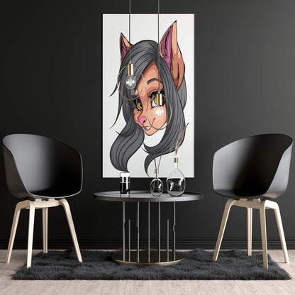 Baked Art - Furries Model 2 digital feline portrait with gray fur and yellow eyes in a modern interior setting.