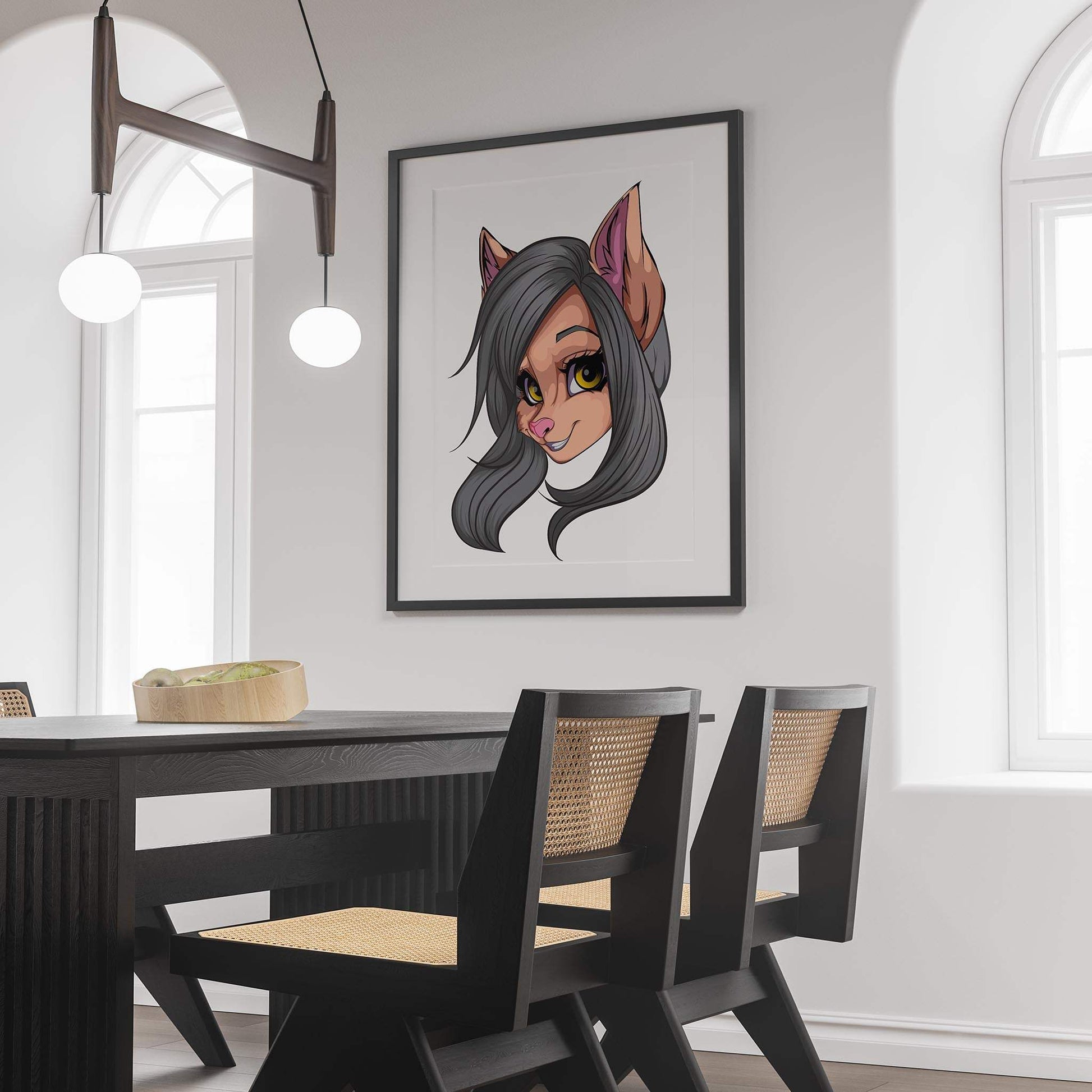 Digital art of a graceful feline furry portrait with gray fur and yellow eyes, displayed in a modern room.