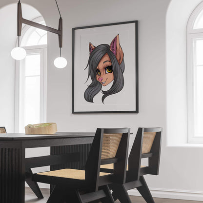 Digital art of a graceful feline furry portrait with gray fur and yellow eyes, displayed in a modern room.