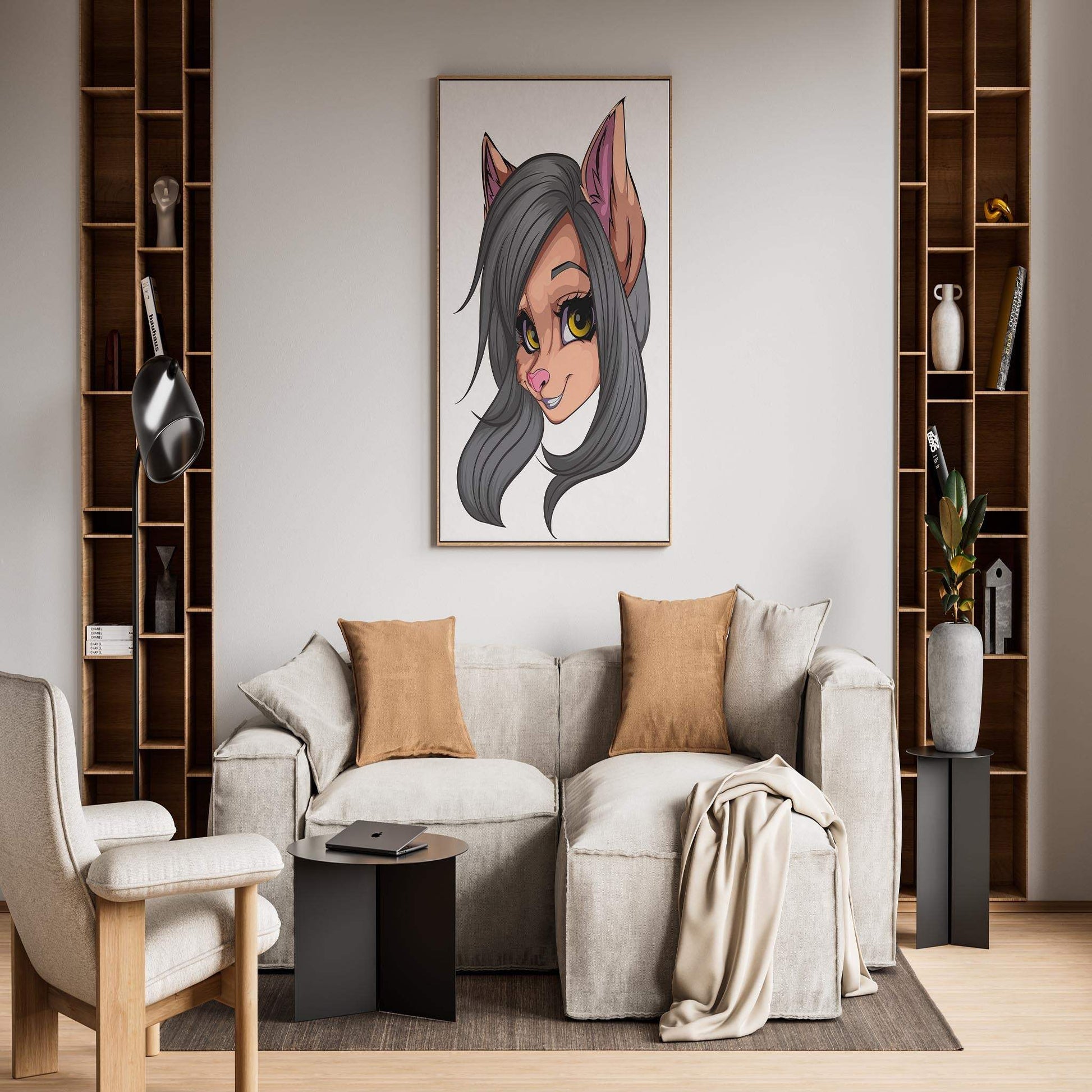 Furry portrait artwork with sleek gray fur and yellow eyes on interior wall display.