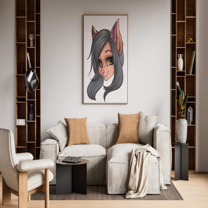 Furry portrait artwork with sleek gray fur and yellow eyes on interior wall display.