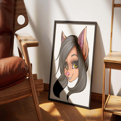 Baked Art Furries Model 2 digital feline portrait with sleek gray fur and yellow eyes, displayed in a modern interior setting.