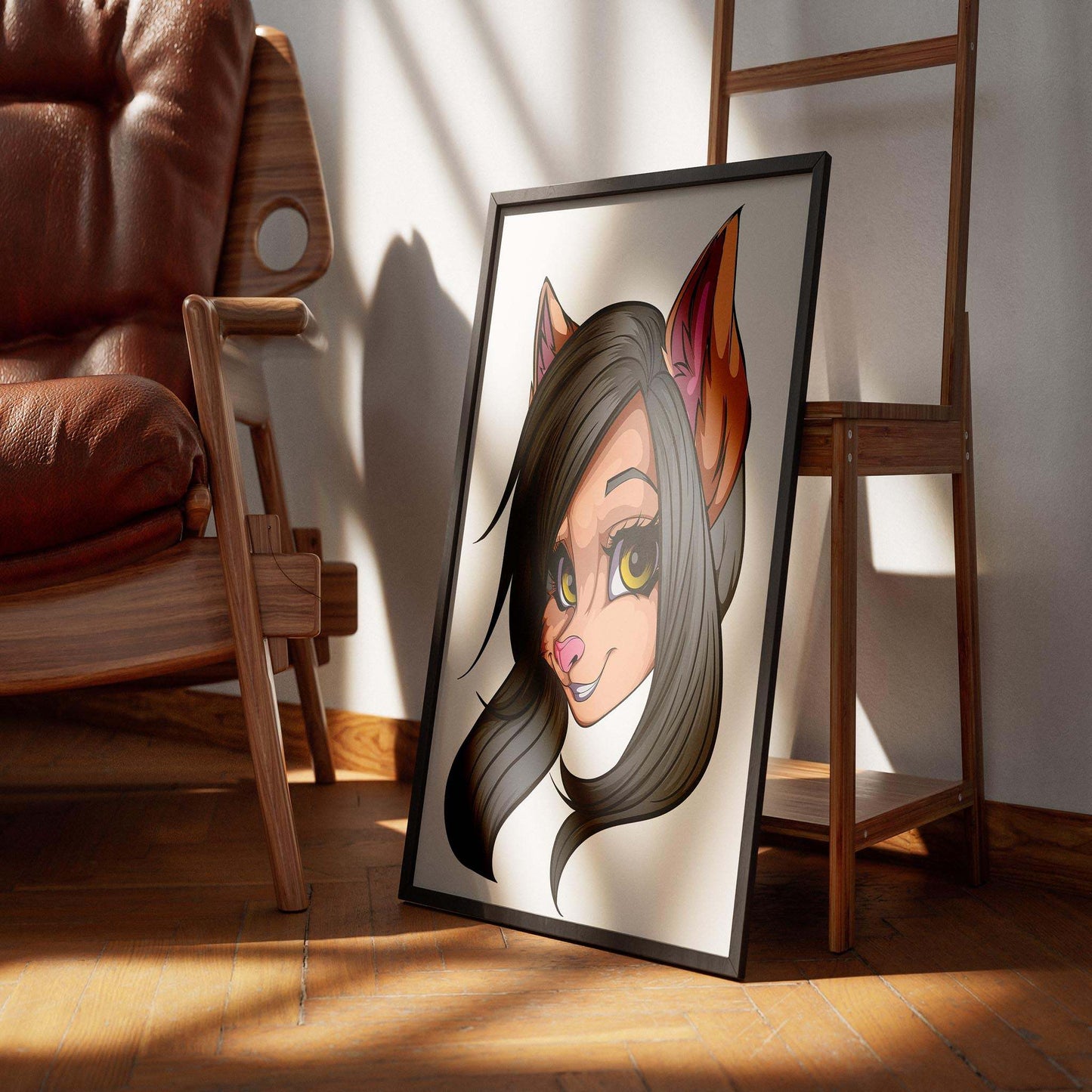 Digital furry art portrait with sleek gray fur and yellow eyes in elegant frame.