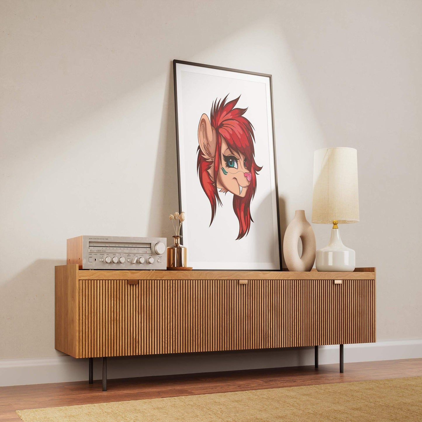 Fiery red furry portrait art in modern room decor, Baked Art - Furries Model 3.