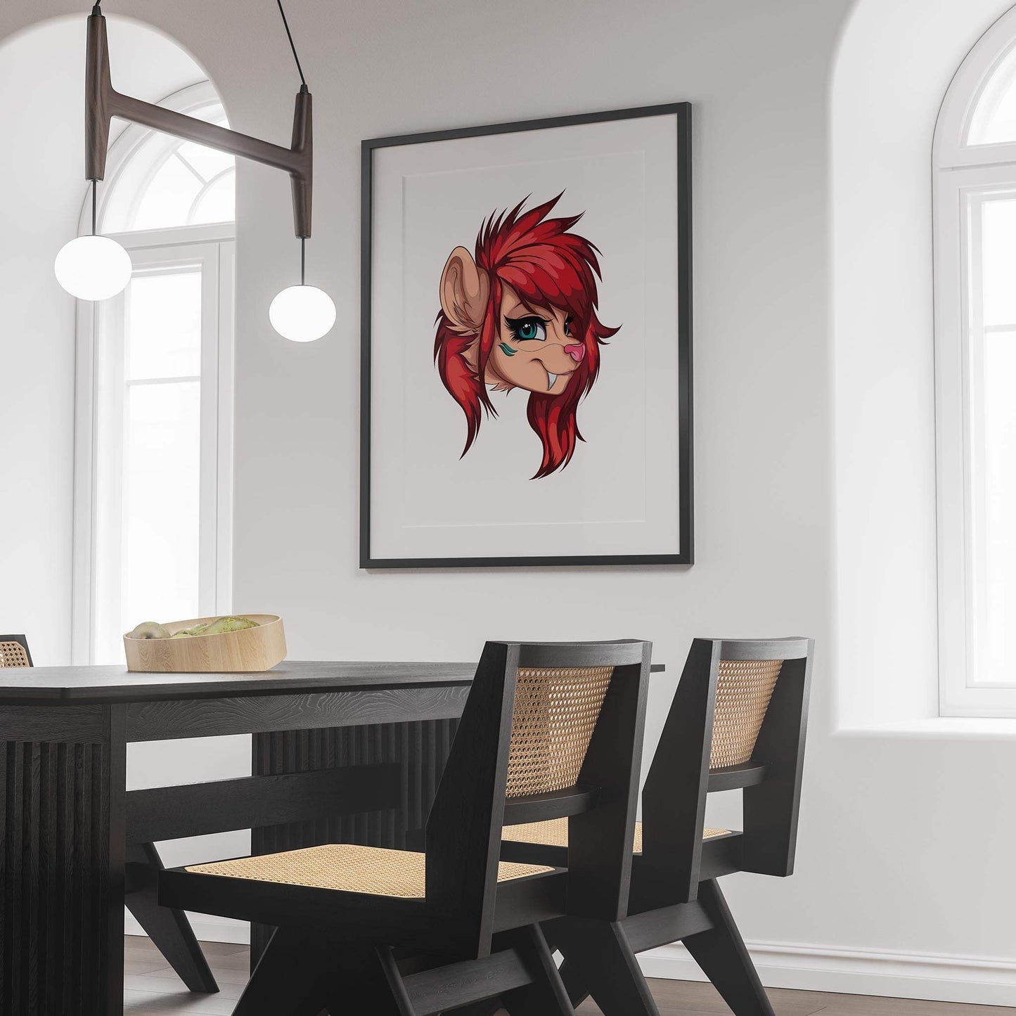 Fiery red furry portrait artwork with blue eyes, framed in a modern dining room setting.