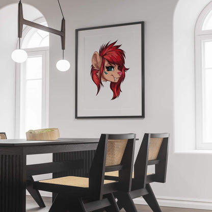 Fiery red furry portrait artwork with blue eyes, framed in a modern dining room setting.