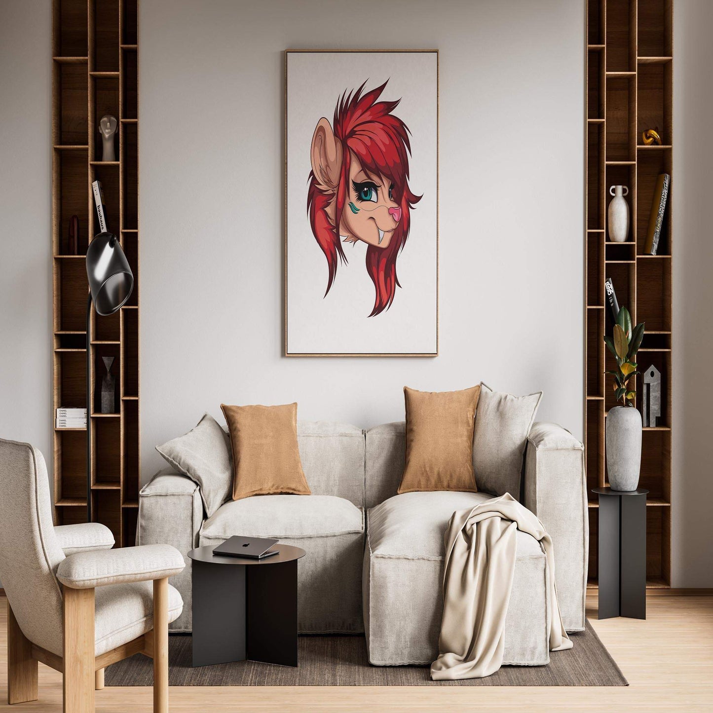 Living room with framed Fiery Red Furry Portrait featuring vibrant red fur and blue eyes, digital art decor.