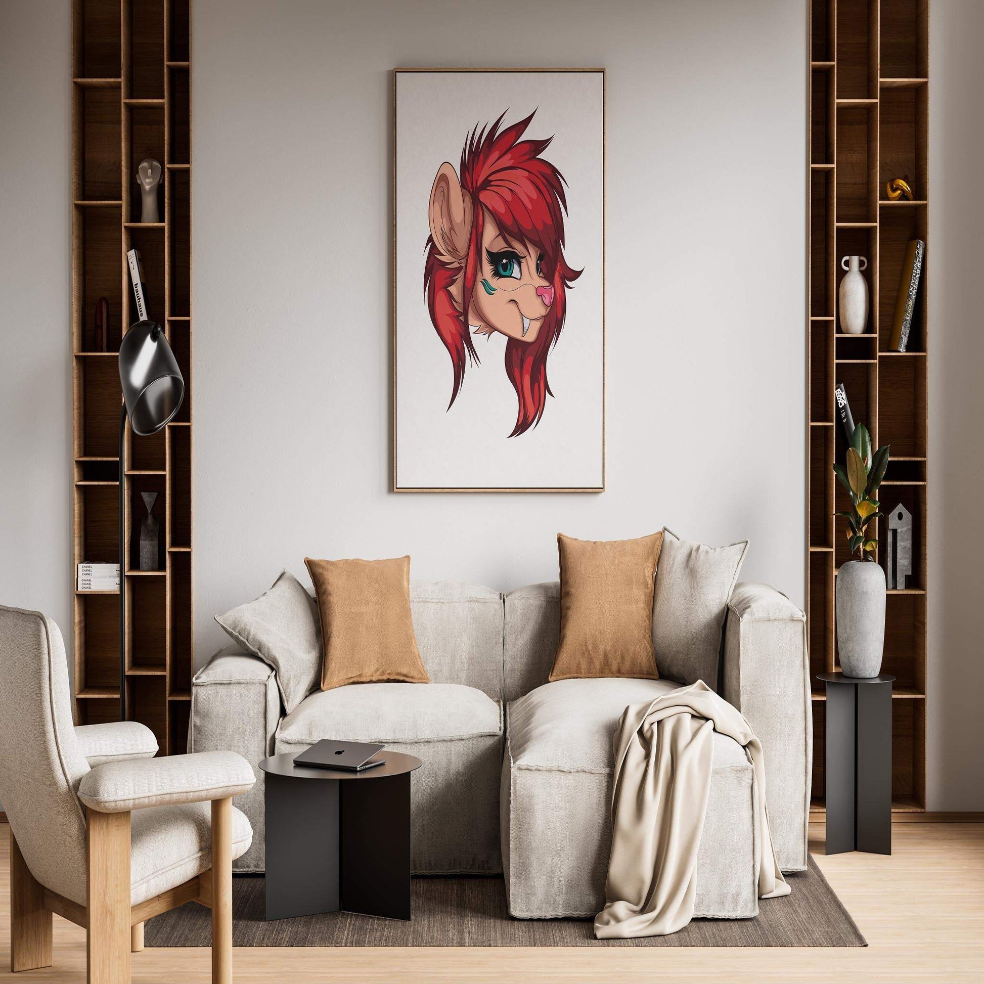 Living room with framed Fiery Red Furry Portrait featuring vibrant red fur and blue eyes, digital art decor.