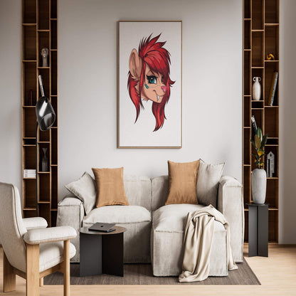 Living room with framed Fiery Red Furry Portrait featuring vibrant red fur and blue eyes, digital art decor.