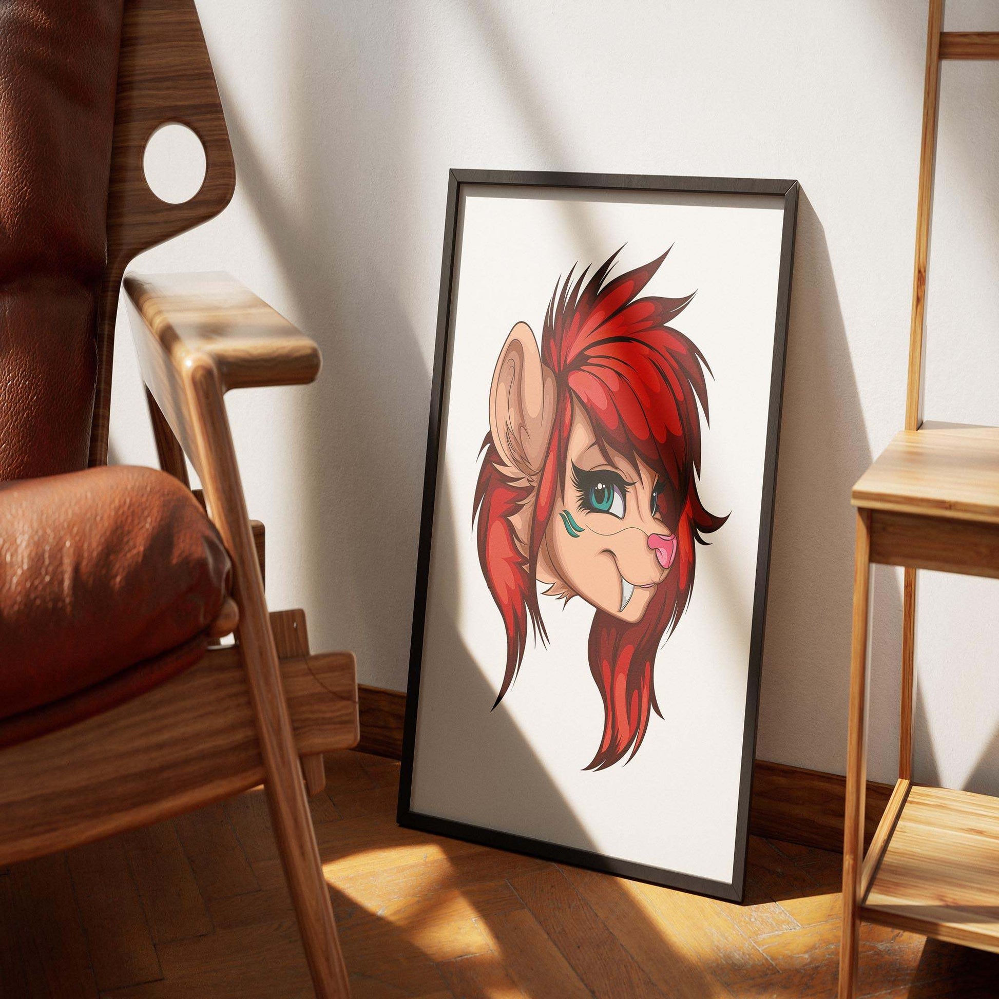 Framed art of fiery red-furred character with blue eyes, part of the Furries Model 3 collection, showcasing digitalized baked art.