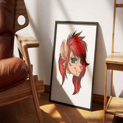 Framed art of fiery red-furred character with blue eyes, part of the Furries Model 3 collection, showcasing digitalized baked art.