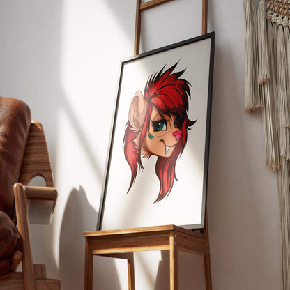 Digital furry art featuring fiery red fur and bold expression, titled "Furries Model 3 - Digitalized Arts Baked Art," displayed on a wooden easel in a cozy setting.