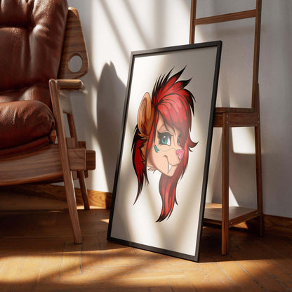Fiery red furry portrait with striking blue eyes, framed in modern decor setting.