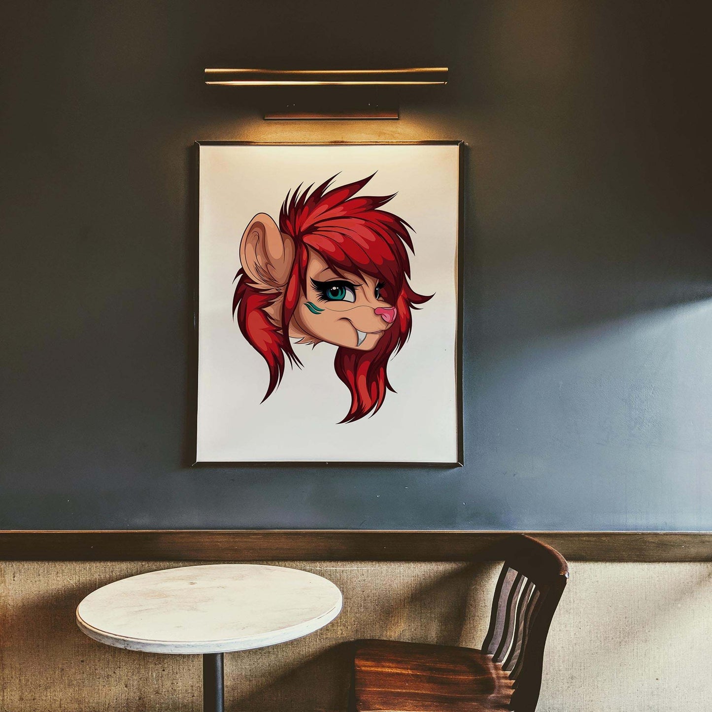Fiery red furry portrait in digital art style displayed on a dark wall.