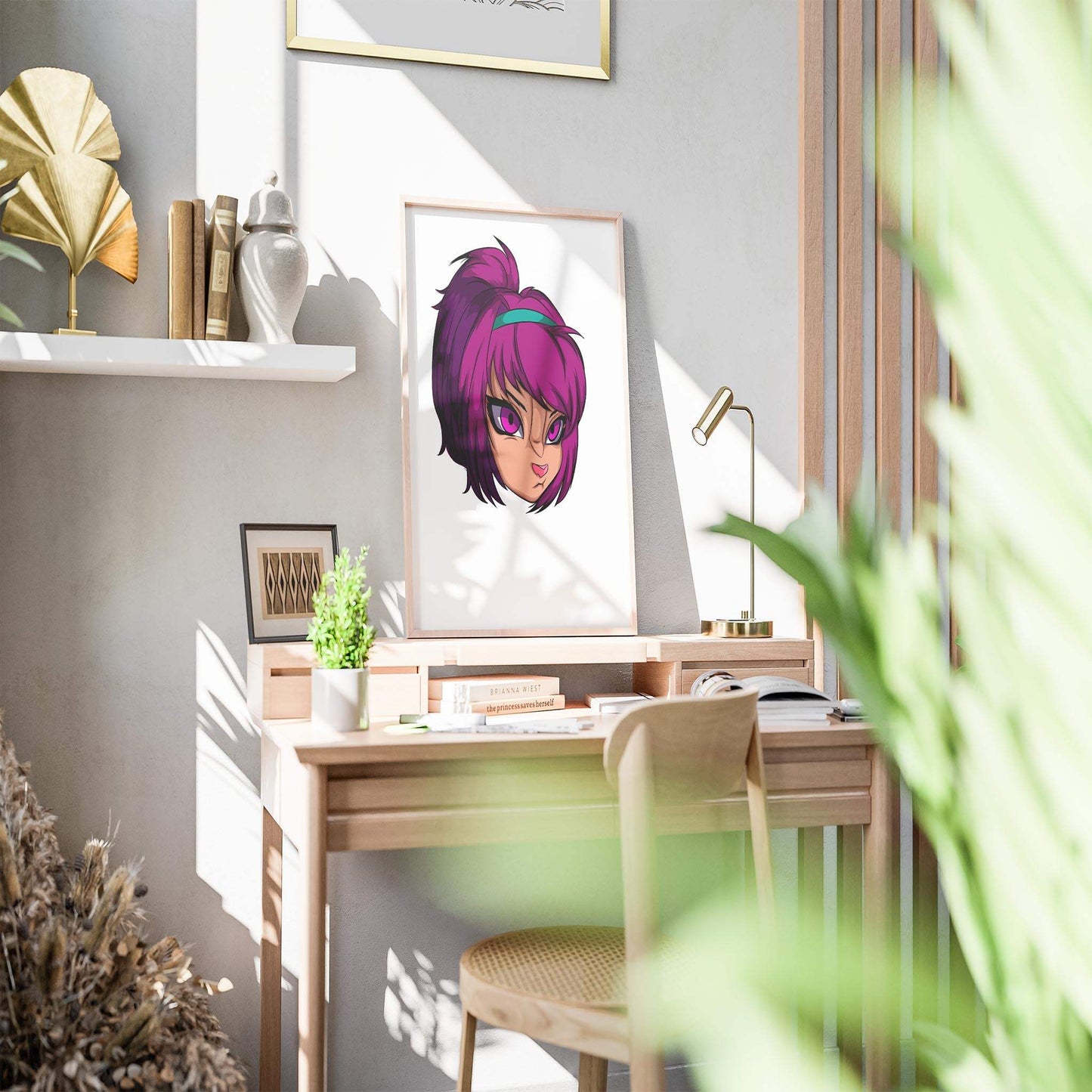 Vibrant magenta furry portrait on desk, Furries Model 4 digital art.