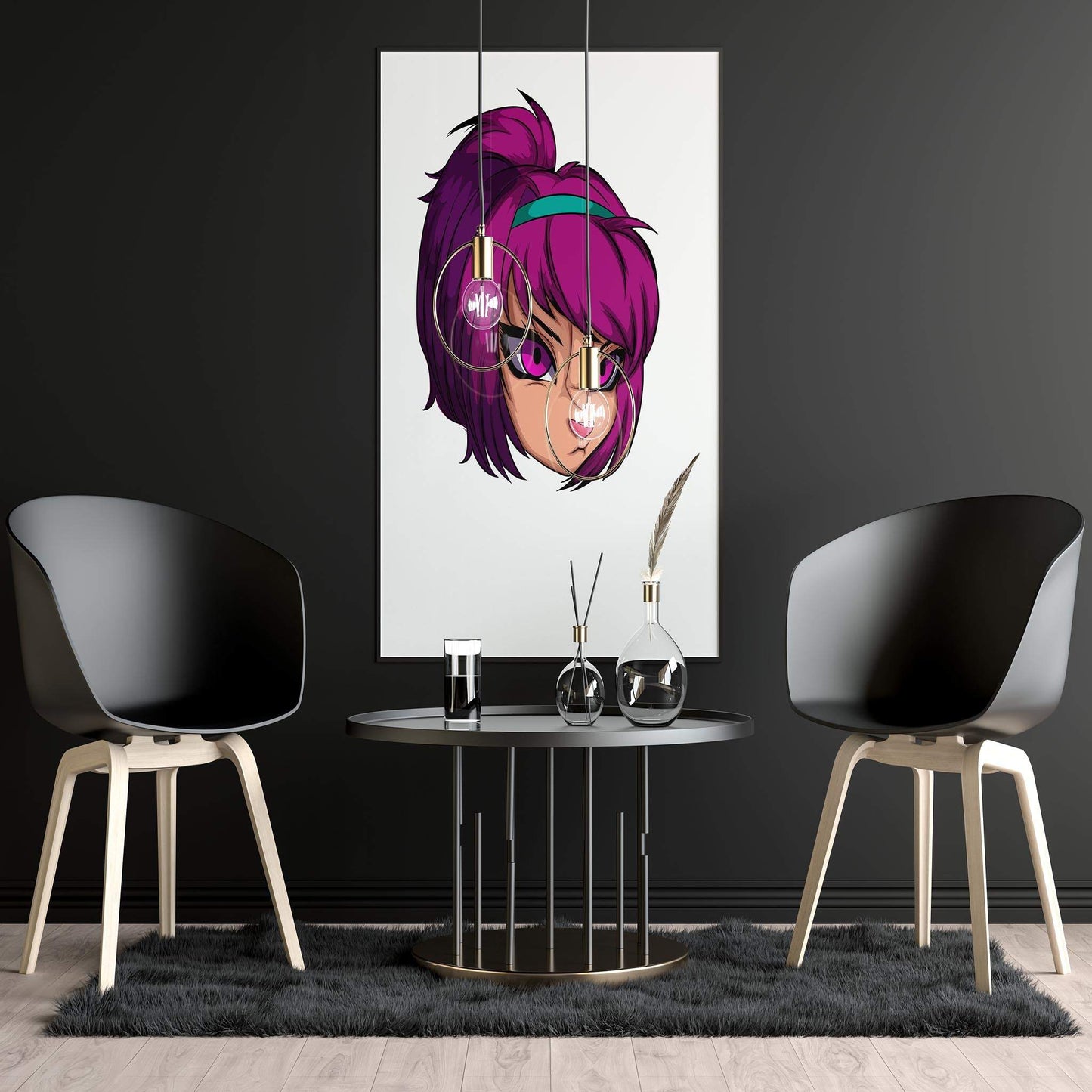 Bright magenta furry portrait from Furries Model 4, displayed in a modern interior, showcasing digital baked art.