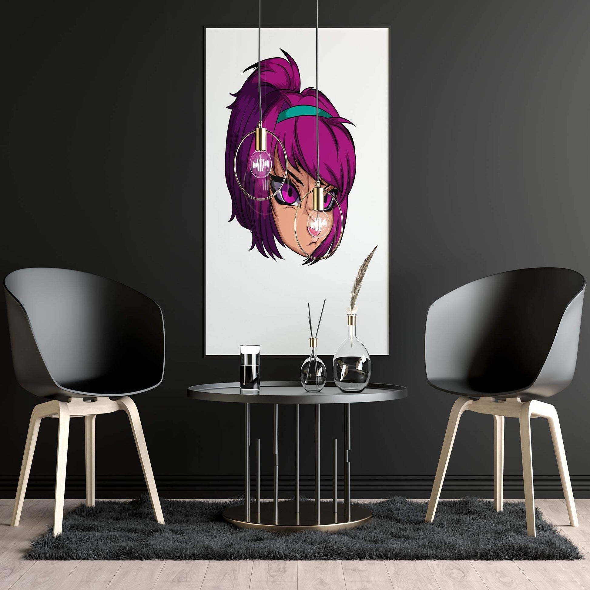 Bright magenta furry portrait from Furries Model 4, displayed in a modern interior, showcasing digital baked art.