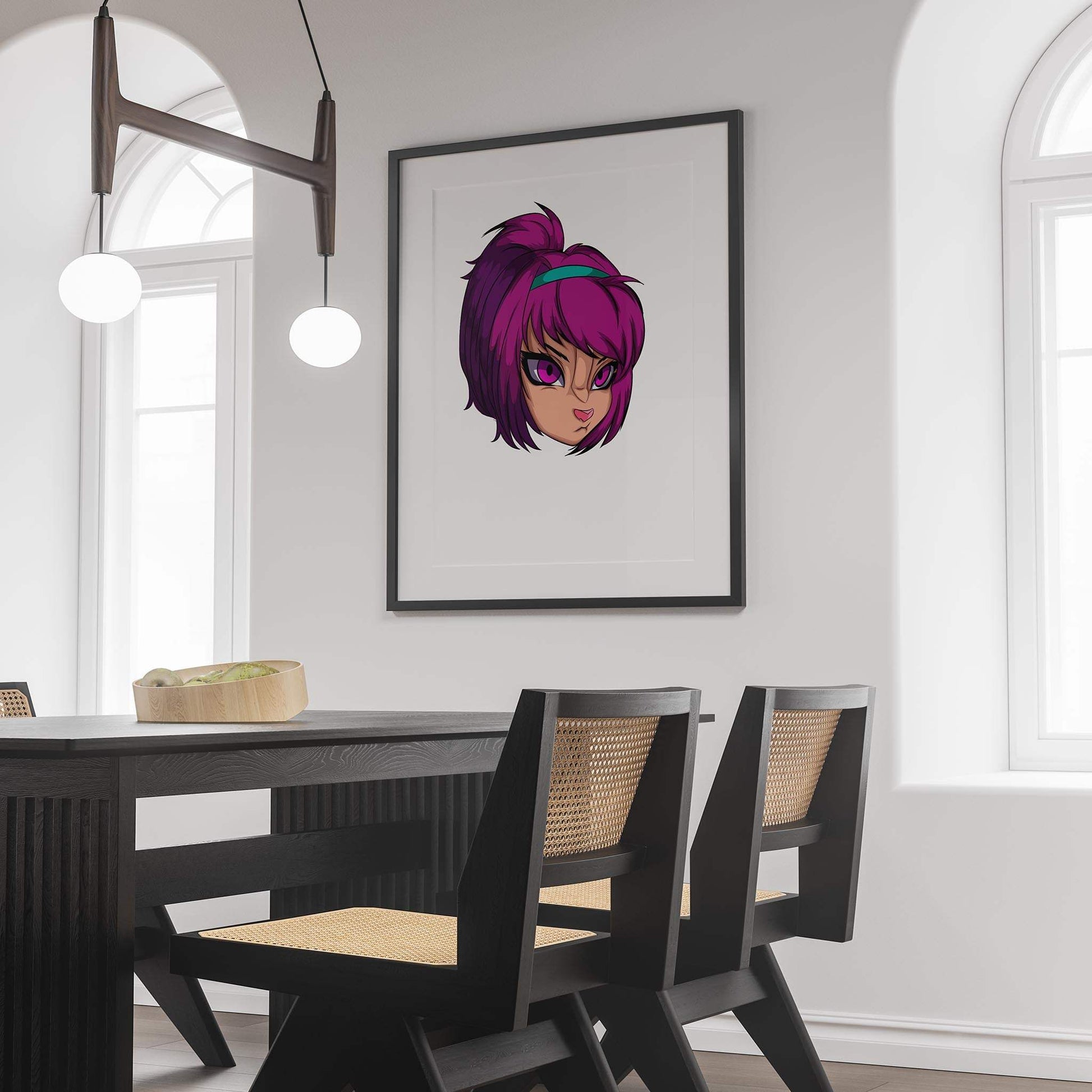 Bright magenta furry art portrait in modern dining room setting.