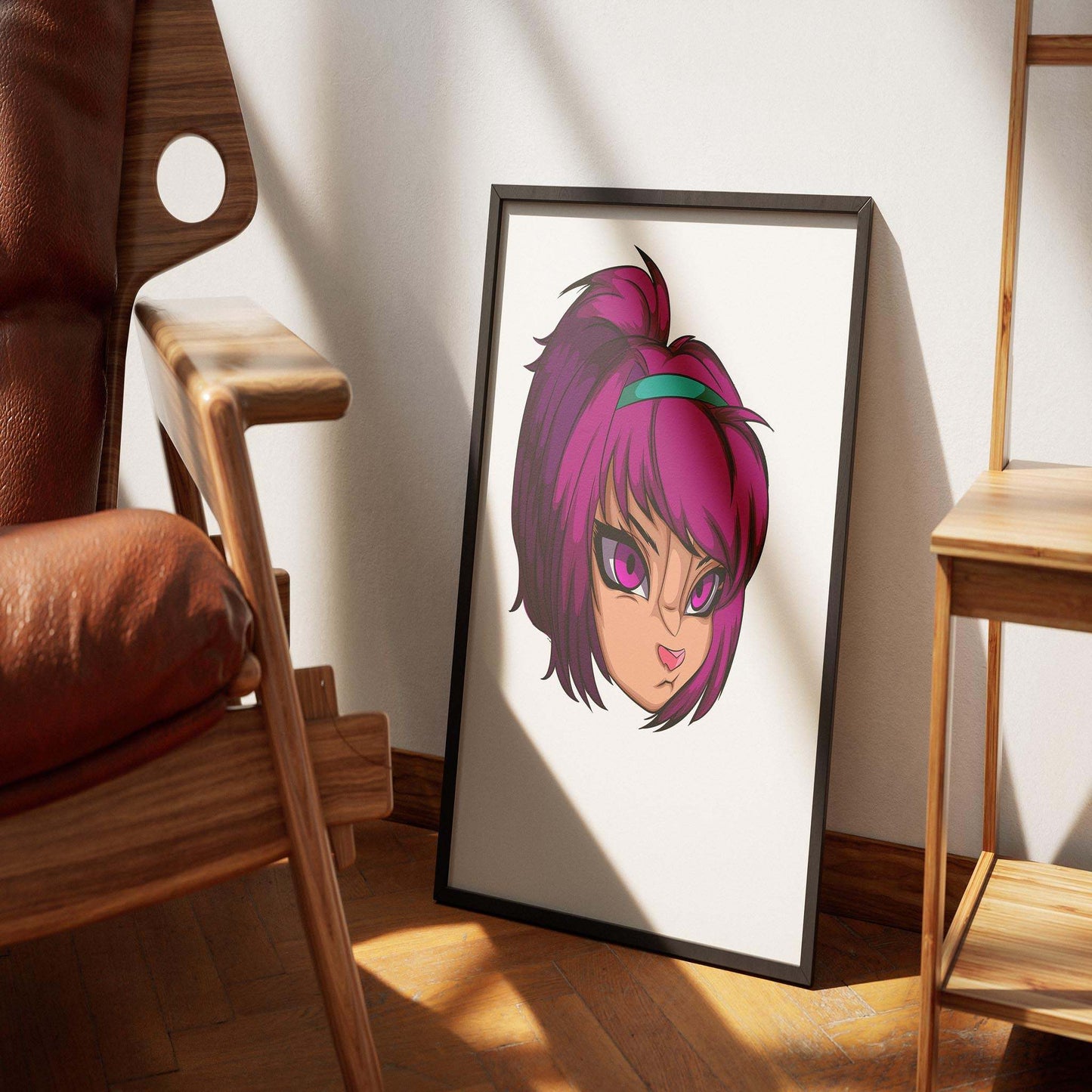 Vibrant magenta furry portrait art print displayed in a modern room setting.