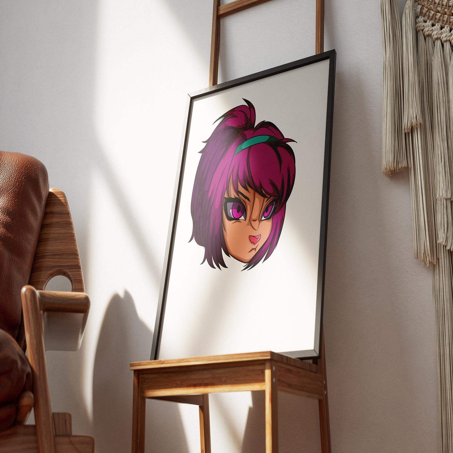 Vibrant magenta furry portrait framed and displayed on a wooden stand.