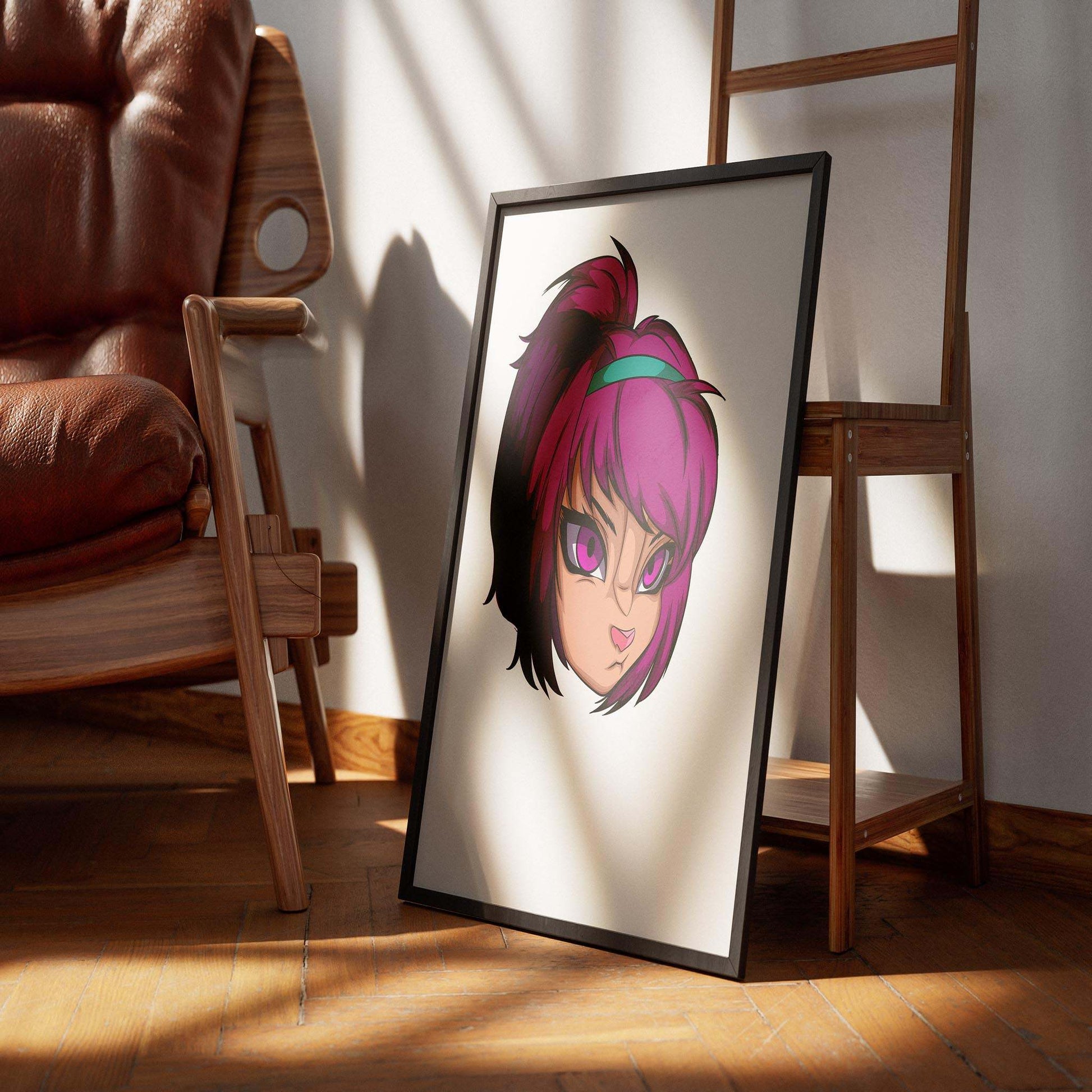 Vibrant magenta furry art portrait in frame, Baked Art - Furries Model 4.