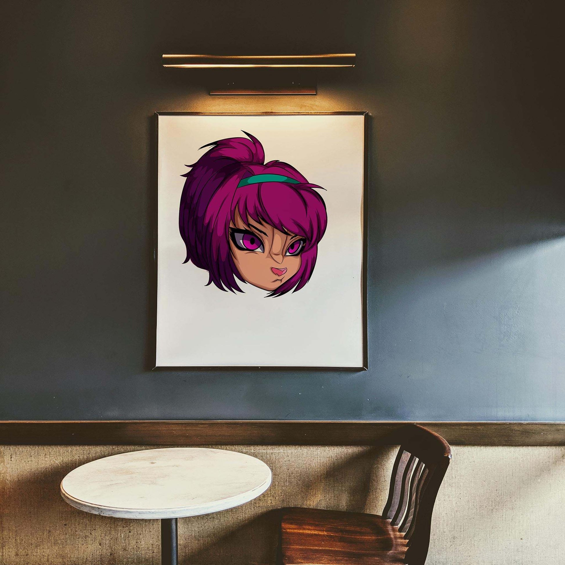 Vibrant magenta furry portrait artwork on wall, digital art model 4.