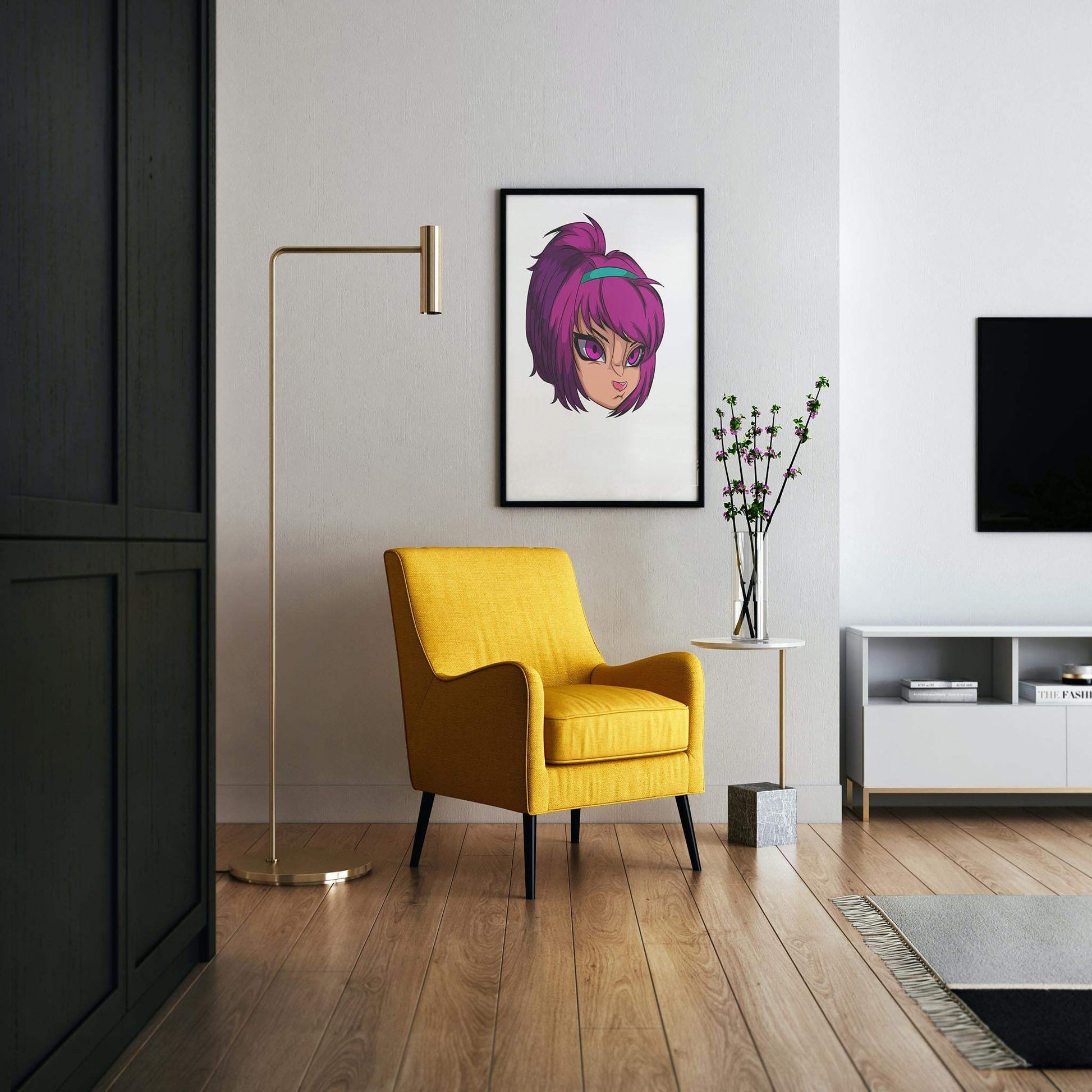 Vibrant magenta furry art in modern living room setting with yellow chair.