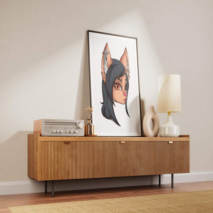 Digital art of a furry portrait with black fur and orange eyes displayed on a wooden console.