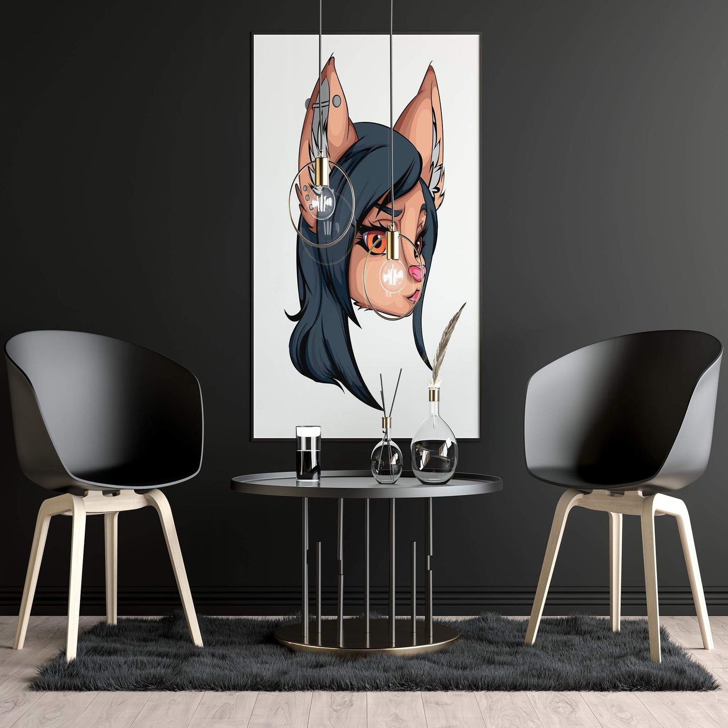 Furries Model 5 digital art with sleek black fur and orange eyes displayed in modern interior.