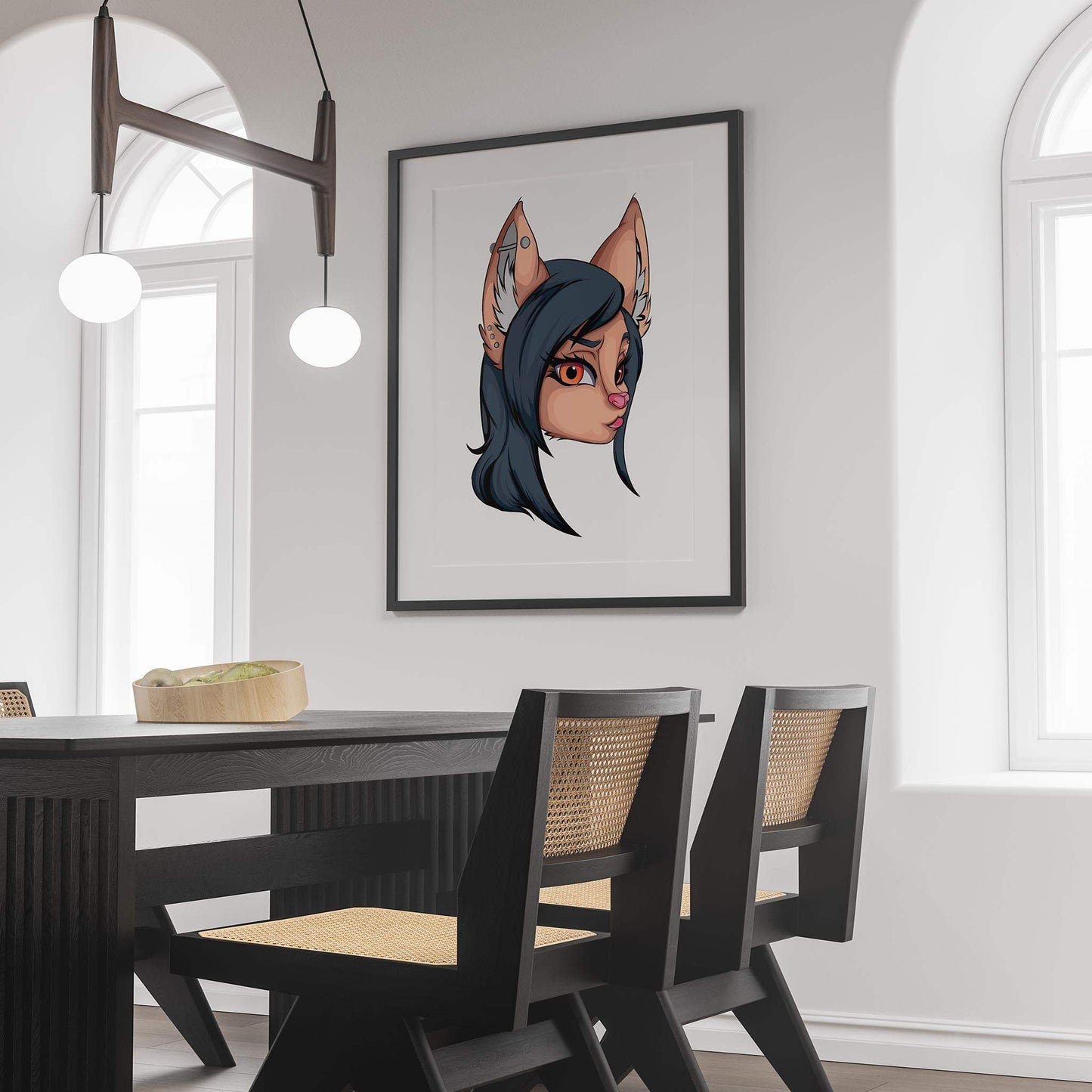 Digitalized furry art portrait with black hair and expressive orange eyes, framed on interior wall.