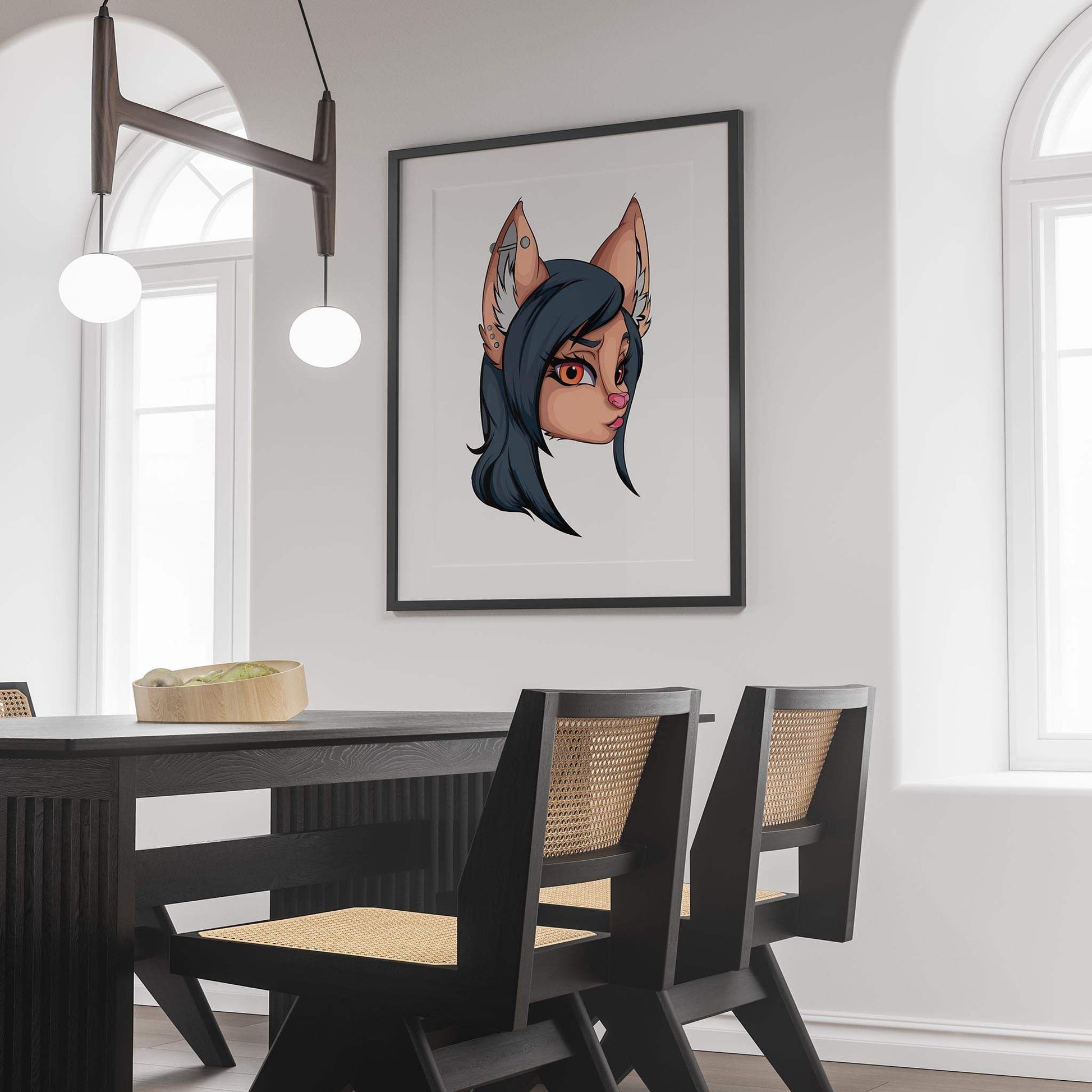 Digitalized furry art portrait with black hair and expressive orange eyes, framed on interior wall.