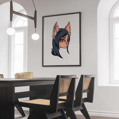 Digitalized furry art portrait with black hair and expressive orange eyes, framed on interior wall.