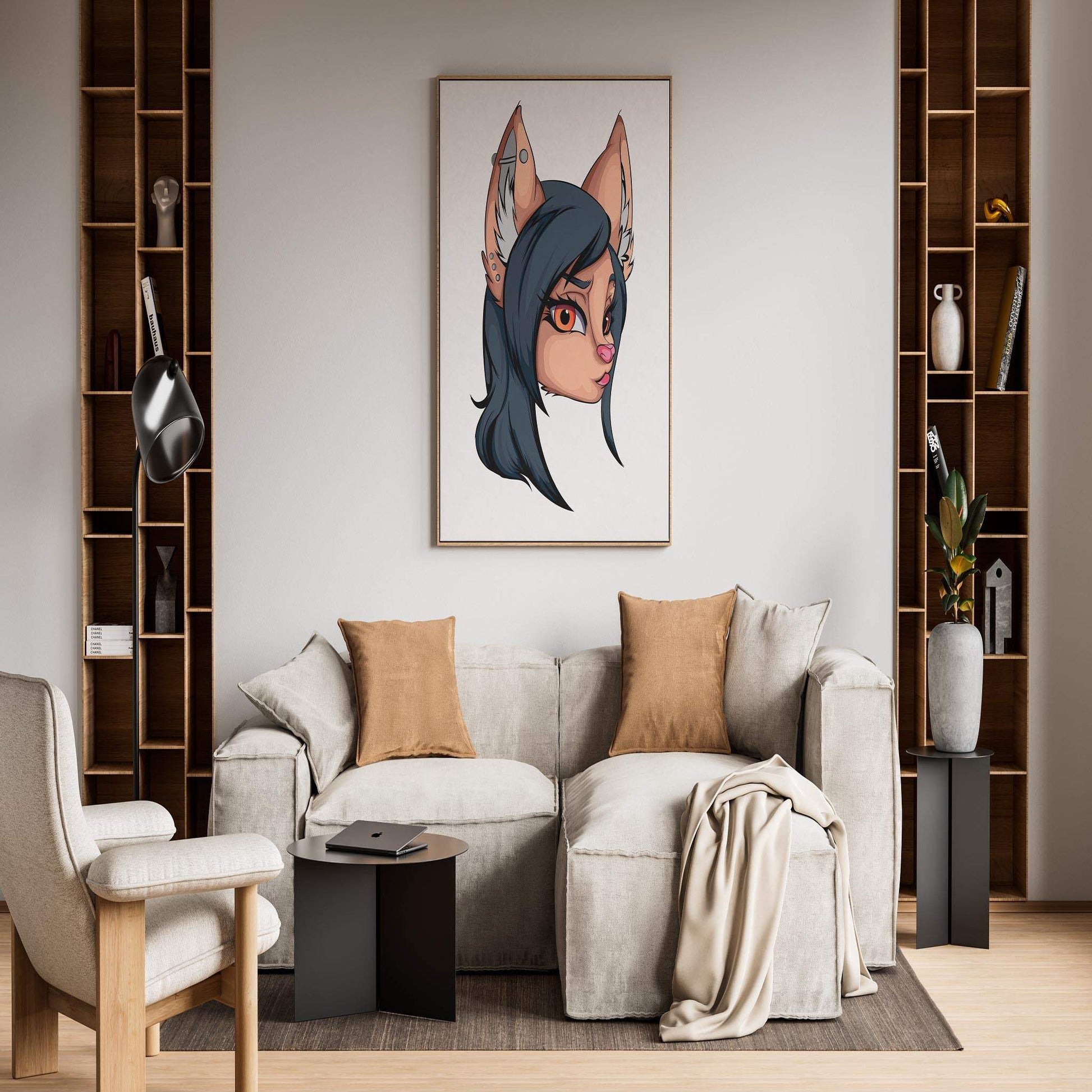 Digital art piece titled "Furries Model 5," featuring a sophisticated noir furry portrait with black fur and orange eyes, displayed in modern living room decor setting.