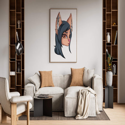 Digital art piece titled "Furries Model 5," featuring a sophisticated noir furry portrait with black fur and orange eyes, displayed in modern living room decor setting.