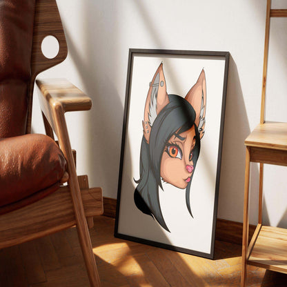 Furries Model 5 digital art portrait with sleek black fur and expressive orange eyes displayed in a minimalist room setting.