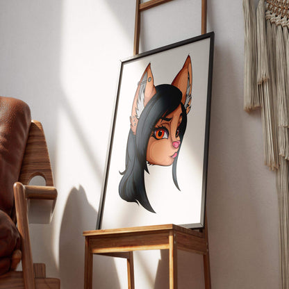 Digitalized furry art portrait with black fur and orange eyes displayed in a frame.