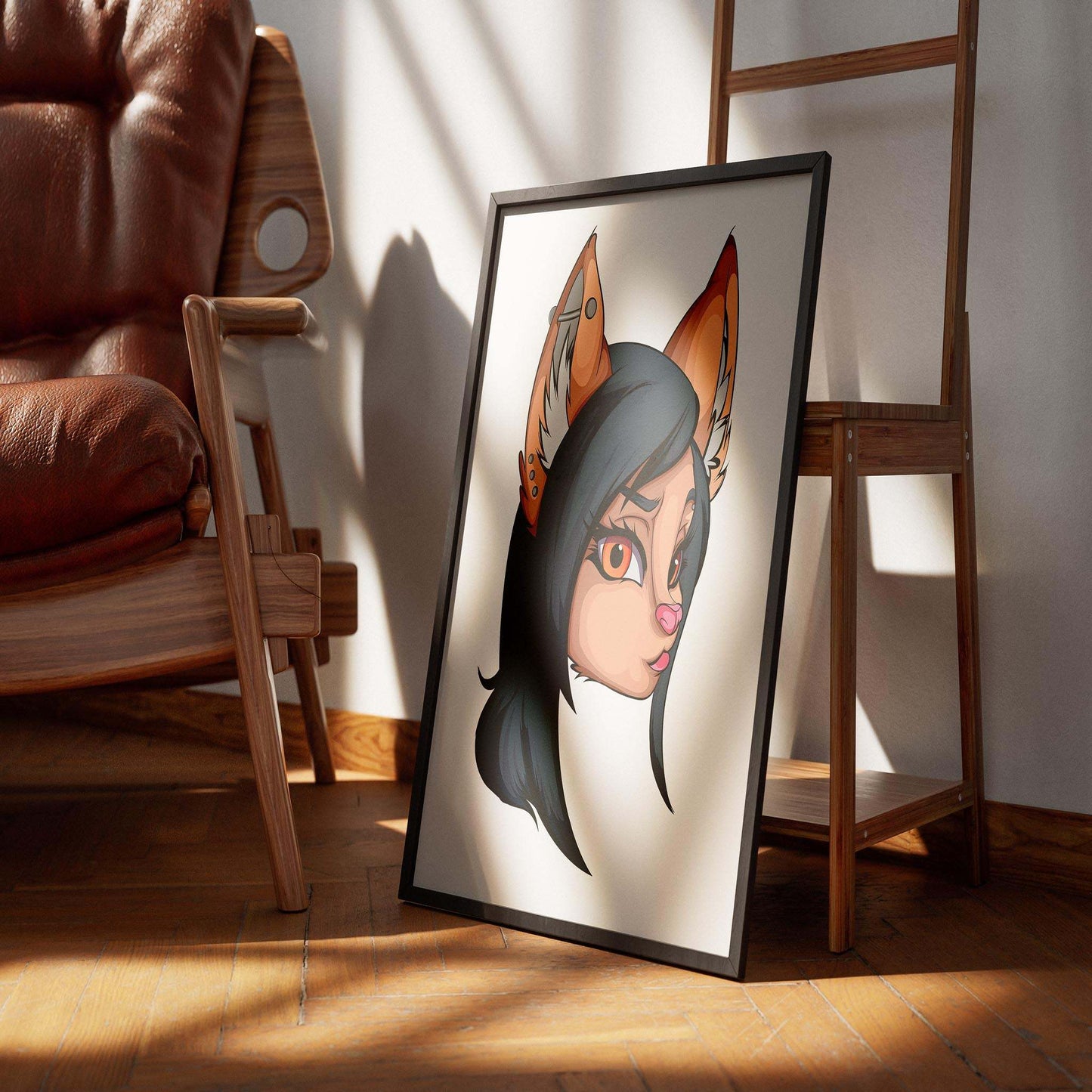 Digital art portrait of Furries Model 5 with orange eyes, displayed in a wooden frame.