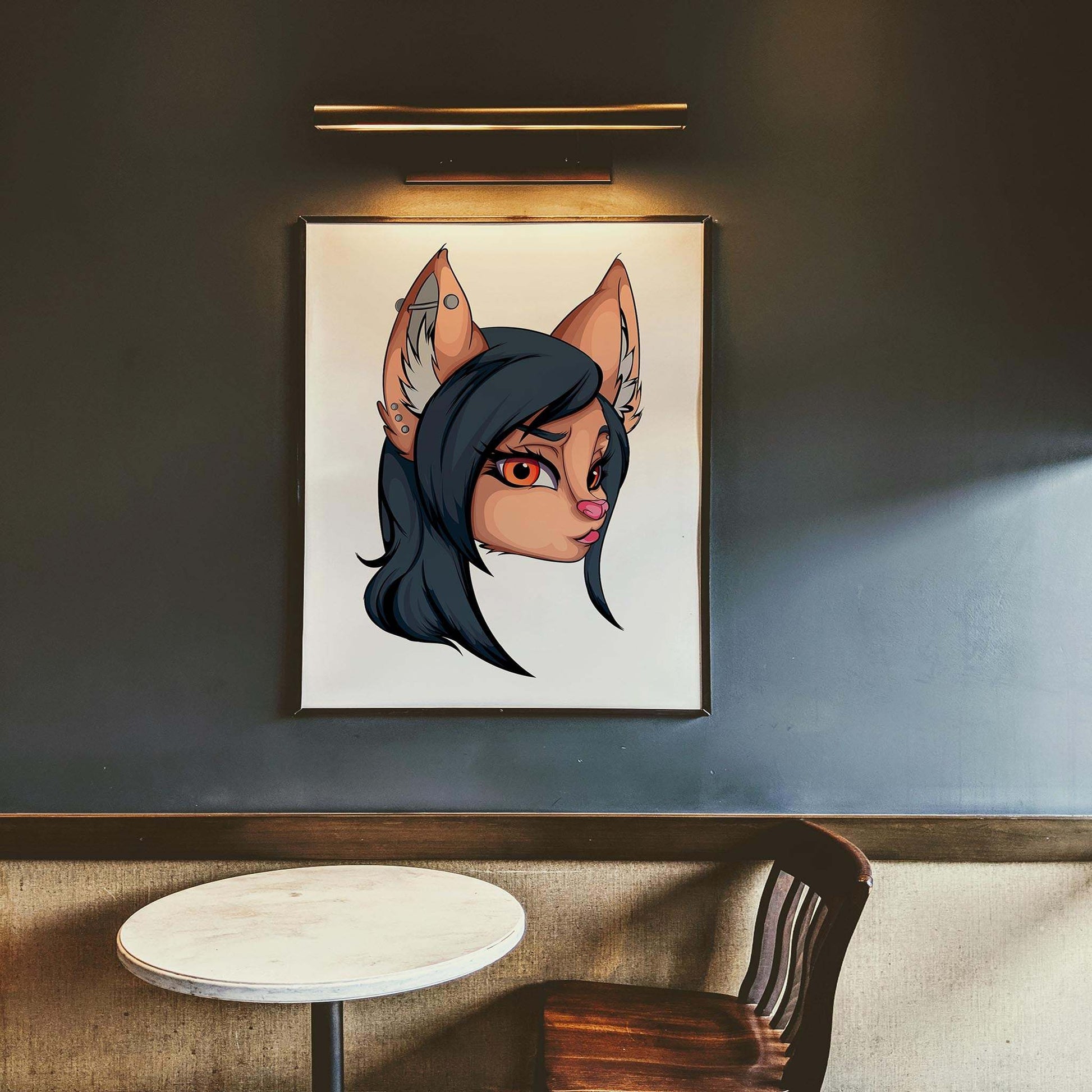 Sophisticated Noir Furry Portrait with black fur and orange eyes, digital art decor.