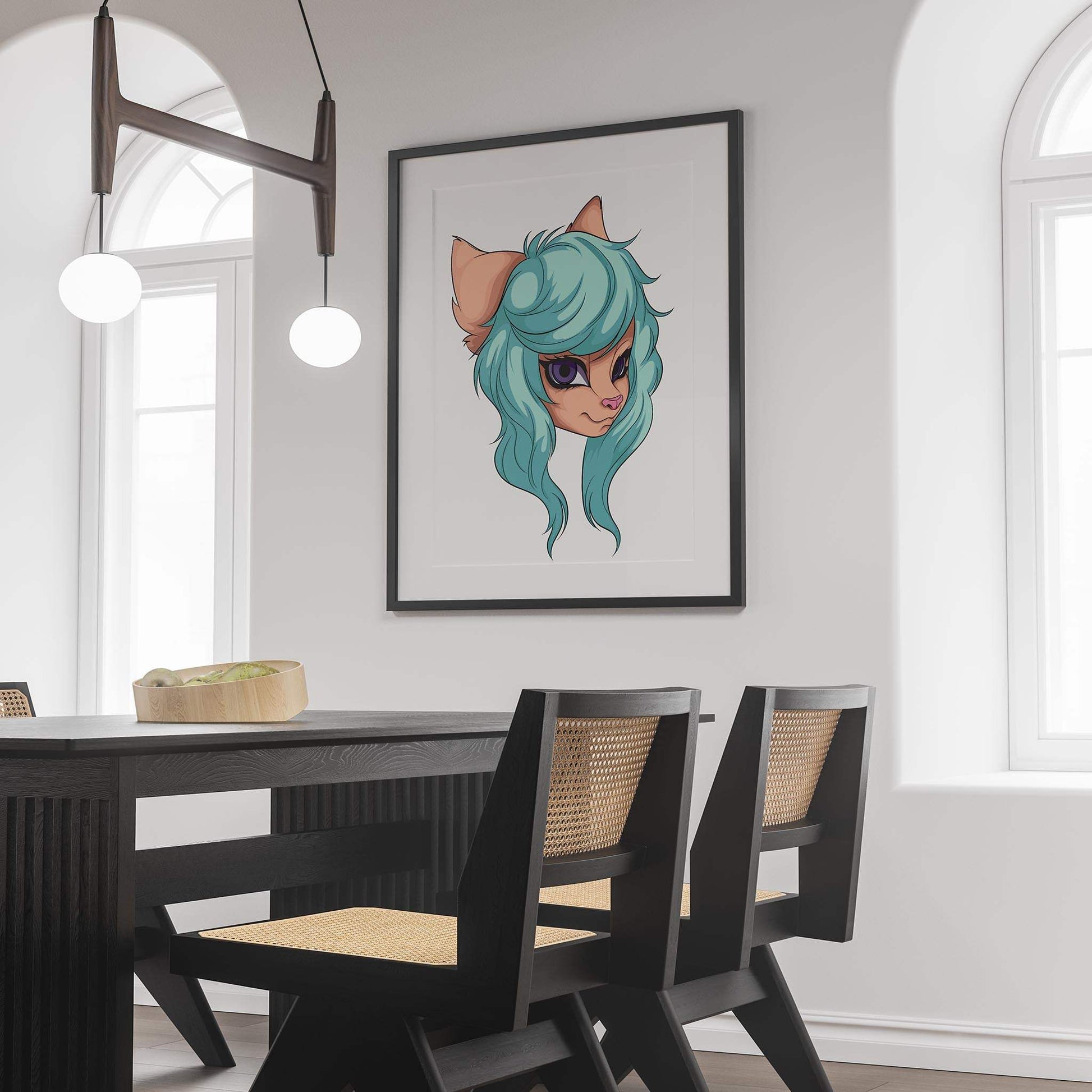 Aqua-haired furry character digital art with purple eyes, titled "Furries Model 6 - Digitalized Arts Baked Art," displayed on a wall.