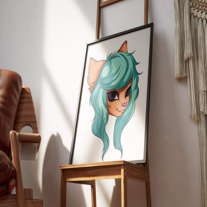 Aqua-haired furry character portrait with purple eyes, digital art, Baked Art - Furries Model 6.