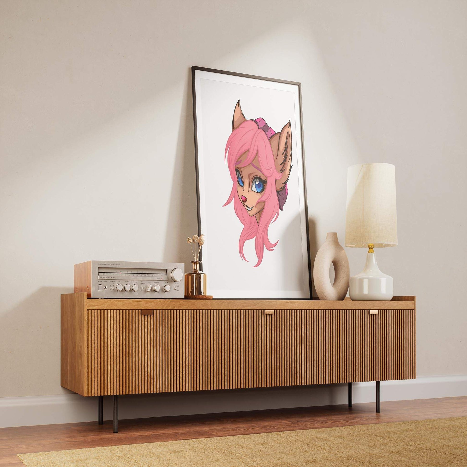 Baked Art - Furries Model 7 digital artwork with pink-haired furry character on modern wooden console.