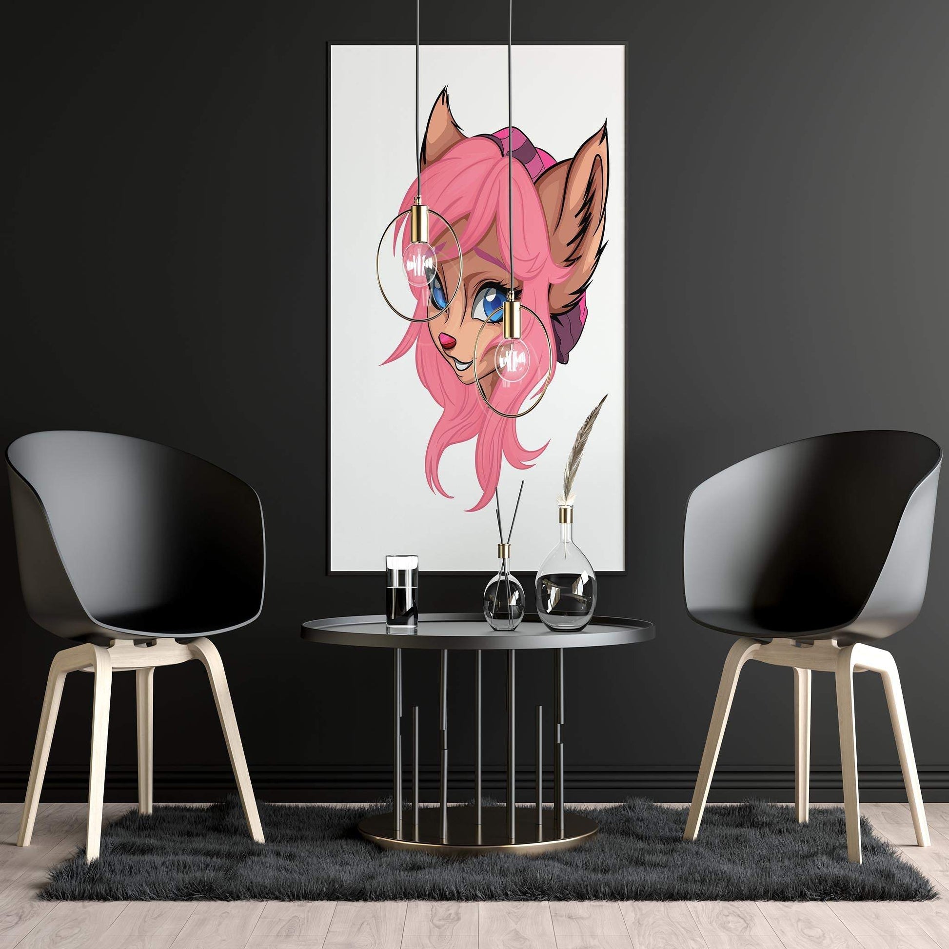 Pink-haired furry art portrait on wall, digital artwork, Baked Art - Furries Model 7.