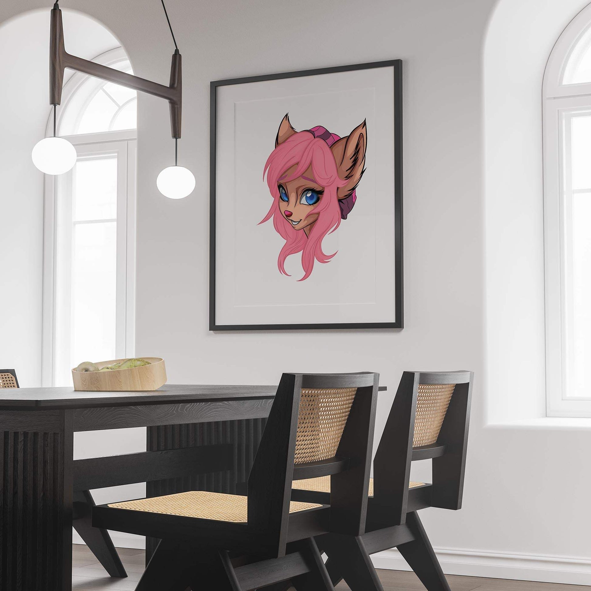 Pink-haired furry character artwork framed in a dining room, featuring bright blue eyes and soft pink hair.