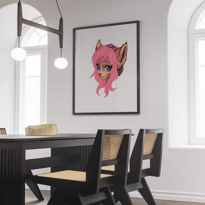 Pink-haired furry character artwork framed in a dining room, featuring bright blue eyes and soft pink hair.