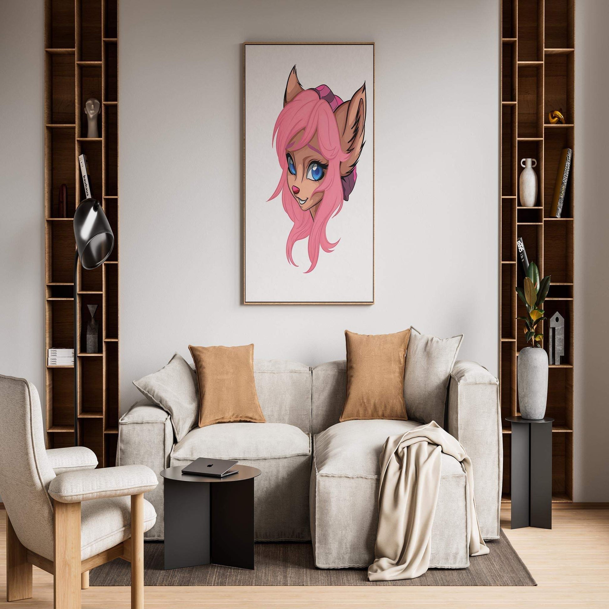 Pink-haired furry character artwork displayed in modern living room.