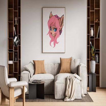 Pink-haired furry character artwork displayed in modern living room.