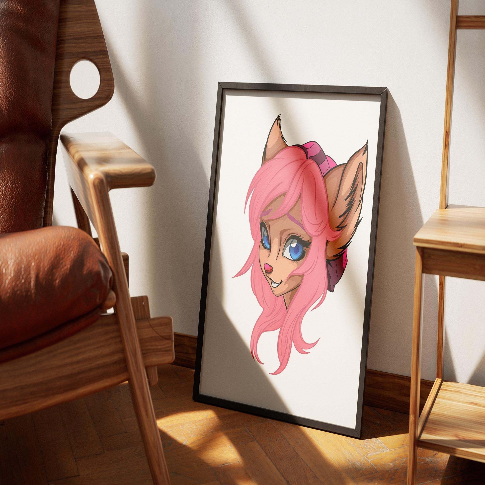 Digital art of a pink-haired furry character with blue eyes, framed and placed stylishly in a modern room.
