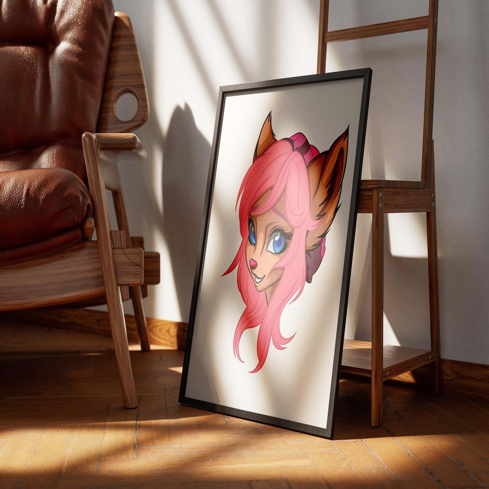 Pink-haired furry character art in frame, digitalized and vibrant, Baked Art - Furries Model 7.
