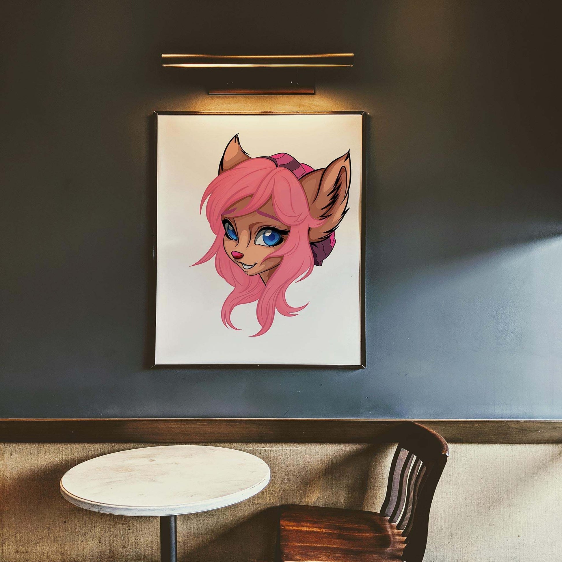 Pink-haired furry character artwork with blue eyes, titled "Baked Art - Furries Model 7", displayed in a modern setting.