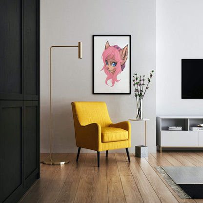 Pink-haired furry character art on wall, yellow chair in modern living room.